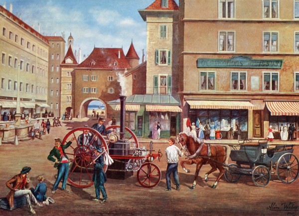 Place du Molard, voiture à vapeur (v. 1870)