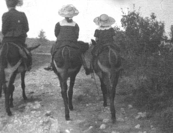 Enfants à dos d’ânes au Salève (de dos)